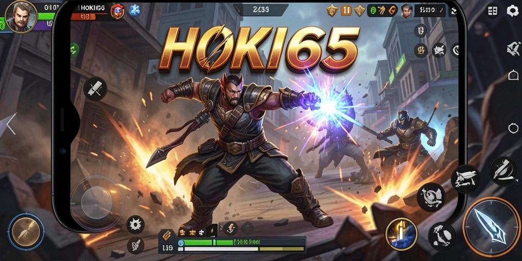 Tampilan gameplay HOKI65 dengan pertarungan epik antar karakter.