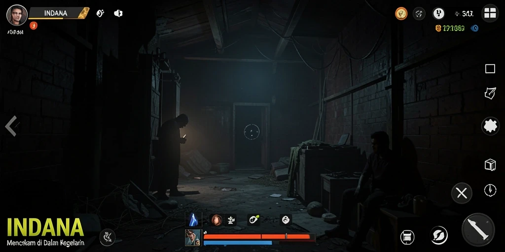 Screenshot gameplay INDAAA menampilkan suasana horror yang mencekam.