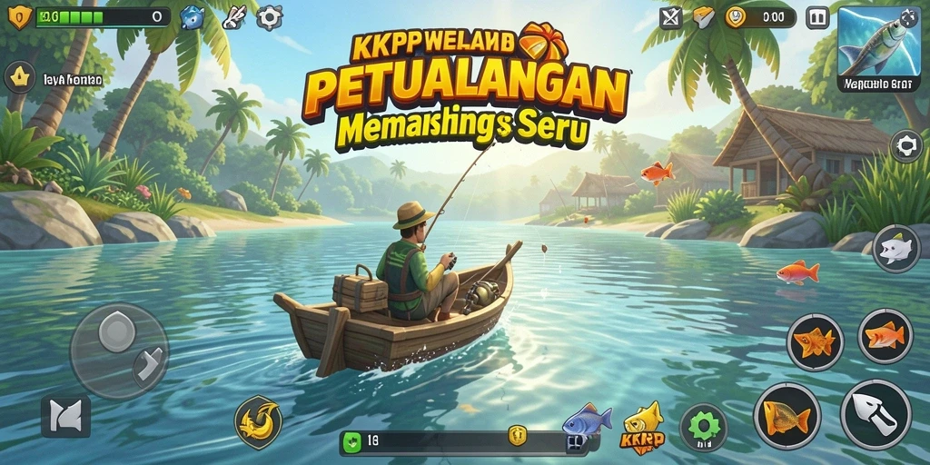 Screenshot gameplay KKRP menampilkan aksi seru memancing di alam.