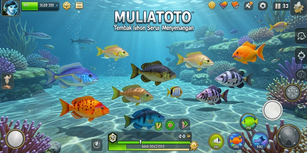 Tampilan gameplay seru saat menembak ikan berwarna-warni di bawah laut.