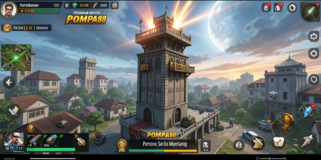 Tampilan permainan POMPA88 dengan menara dan musuh yang menghadang.