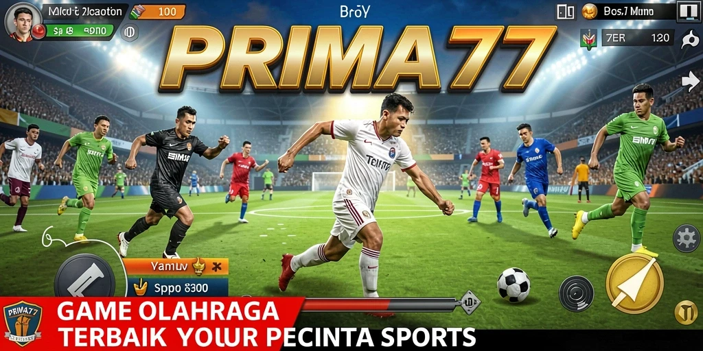 Tangkapan layar utama PRIMA77 menunjukkan aksi menegangkan di lapangan olahraga.