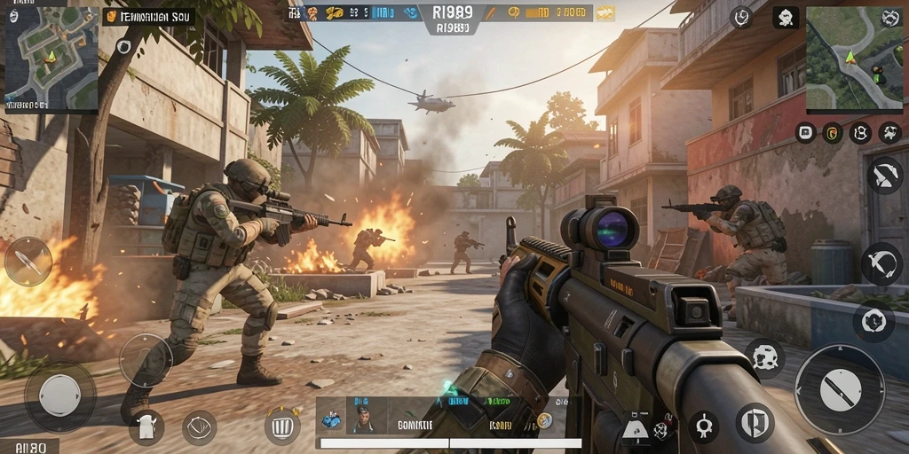 Screenshot gameplay RI889 menampilkan aksi tembak-menembak seru.