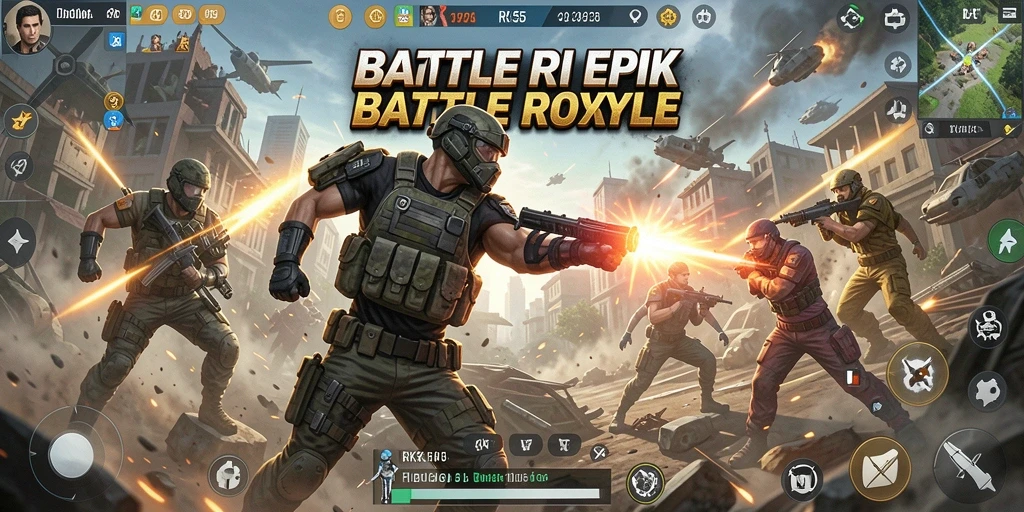 Screenshot RK55 menunjukkan pemain beraksi dalam pertarungan Battle Royale yang seru.